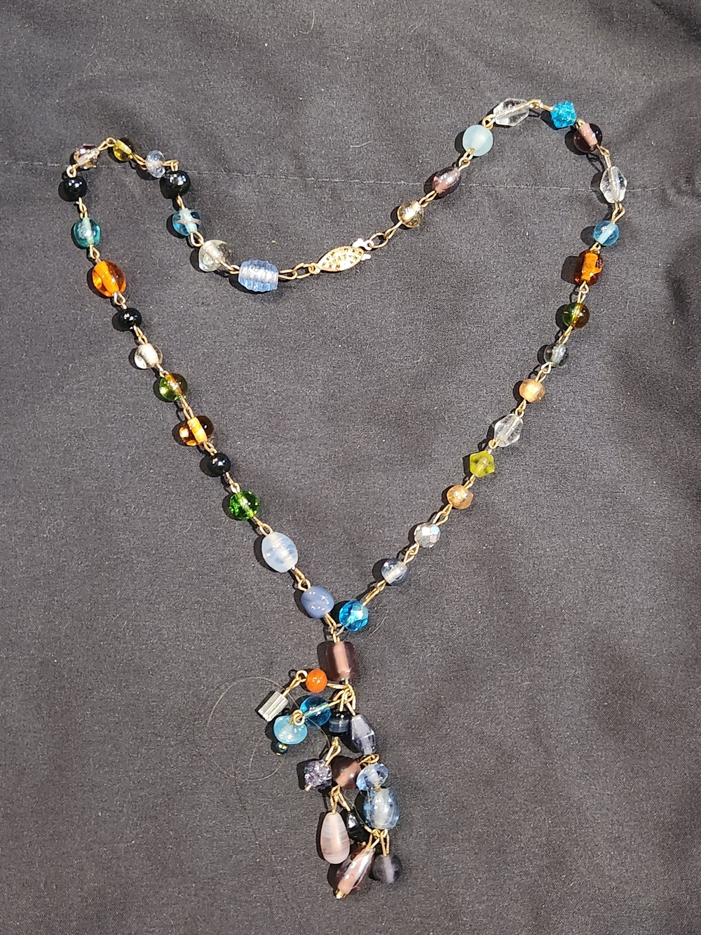 Multicolor Stone Glass Beaded Goldtone Chain Necklace Lariat Y